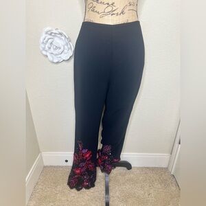 NTM: Kay Unger Black Straight Leg Dress Pants Lace Hem Bead Sequin Floral Sz 6